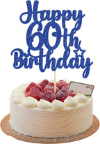Gyufise 1Pc Happy 60th Birthday Cake Topper Glitter 60 & Cheers to 60 Years Old 60th Birthday Cake Pick for Celebrating 60th Birthday Anniversary Party Cake Decorations Supplies Blue