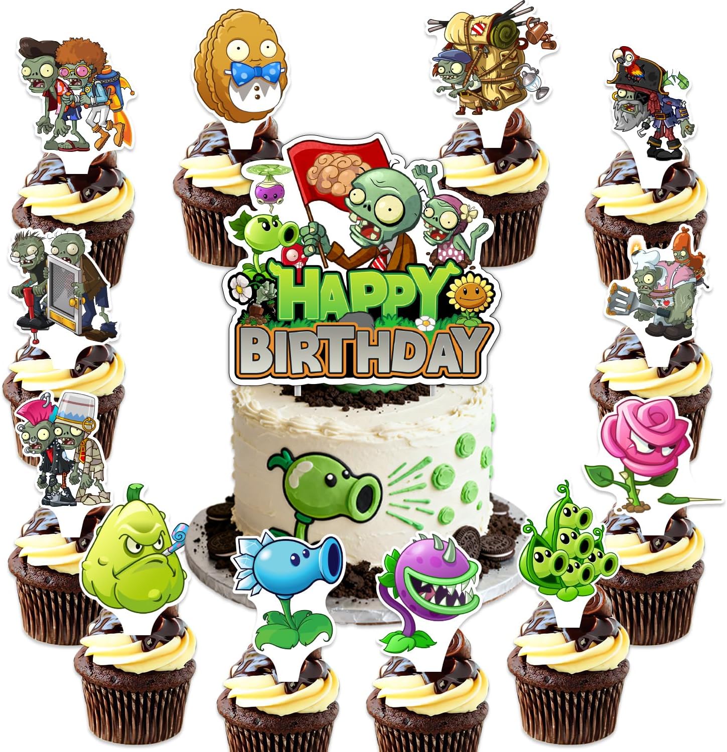 25Pcs Plants Zombie Birthday Party Supplies Pack Includes 1 Cake Topper 24 Cupcake Toppers for Plants Zombie Party Supplies