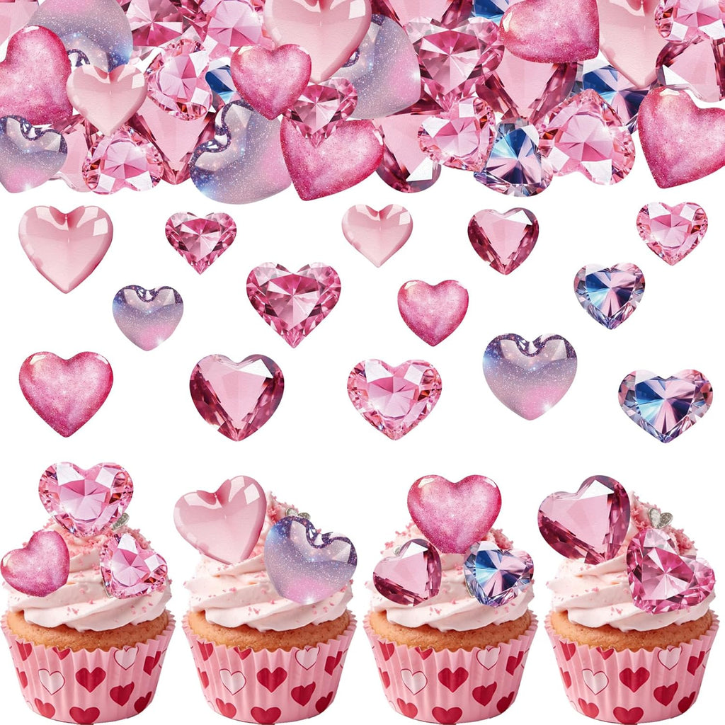 56PCS Edible Crystal Heart Cupcake Toppers Wafer Paper Pink Diamond Heart Cupcake Picks Be Mine Cake Decor for Valentine's Day Theme Engagement Party Decoration Supplies