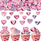 56PCS Edible Crystal Heart Cupcake Toppers Wafer Paper Pink Diamond Heart Cupcake Picks Be Mine Cake Decor for Valentine's Day Theme Engagement Party Decoration Supplies