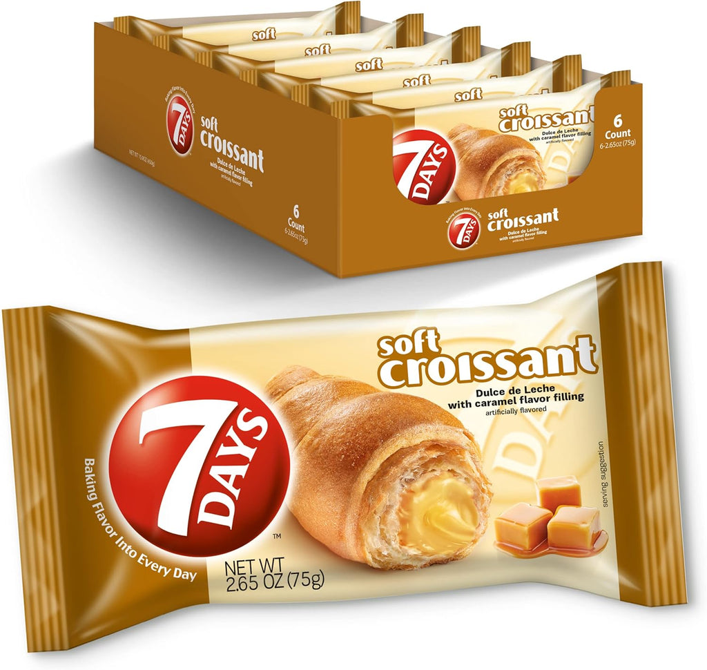7Days Soft Croissant, Caramel - Dulce De Leche, Breakfast Pastry, Individually Wrapped On The Go Snack, Non-GMO (Pack of 6)