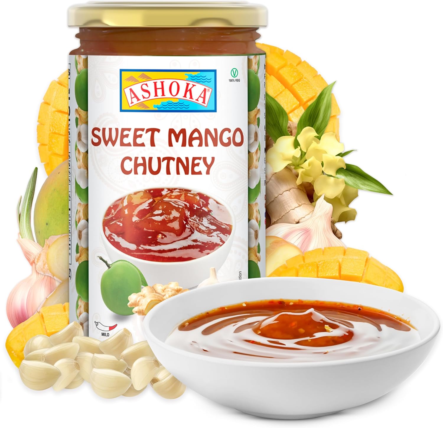 Ashoka Sweet Mango Chutney | Made with Real Mangoes, Sugarcane Vinegar & Ginger Powder | Vegan | Kosher | Authentic Indian Recipe Since 1932 | 250 Grams