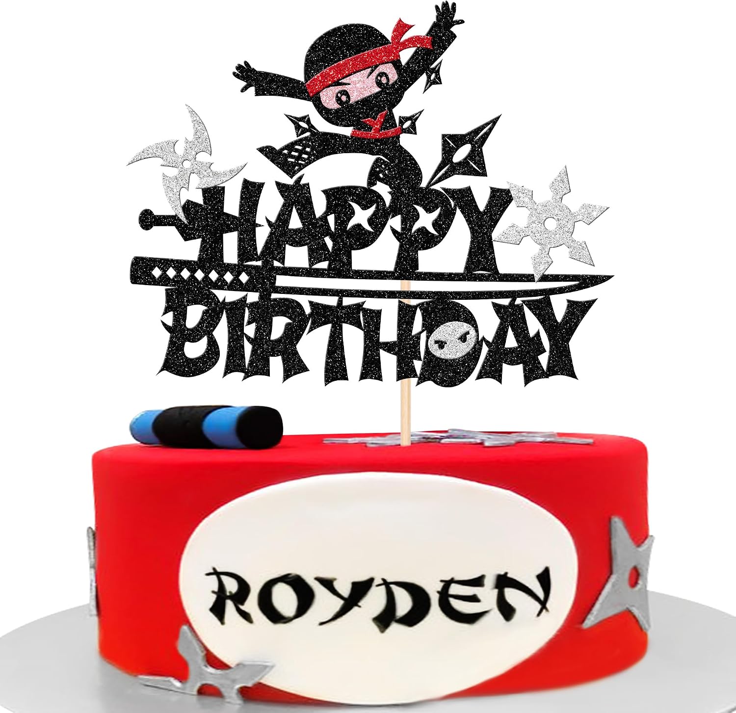 Ninja Happy Birthday Cake Topper - Black Glitter Martial Arts Karate Kung Fu Warriors Cake Pick for Theme Baby Shower Kids Birthday Party Decorations Supplies (1 PCS)