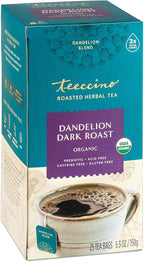 Teeccino Dandelion Herbal Tea - Dark Roast - 25 Tea Bags, Caffeine-Free, Roasted Herbal Tea with Prebiotics, 3x More Herbs than Regular Tea Bags, Gluten Free