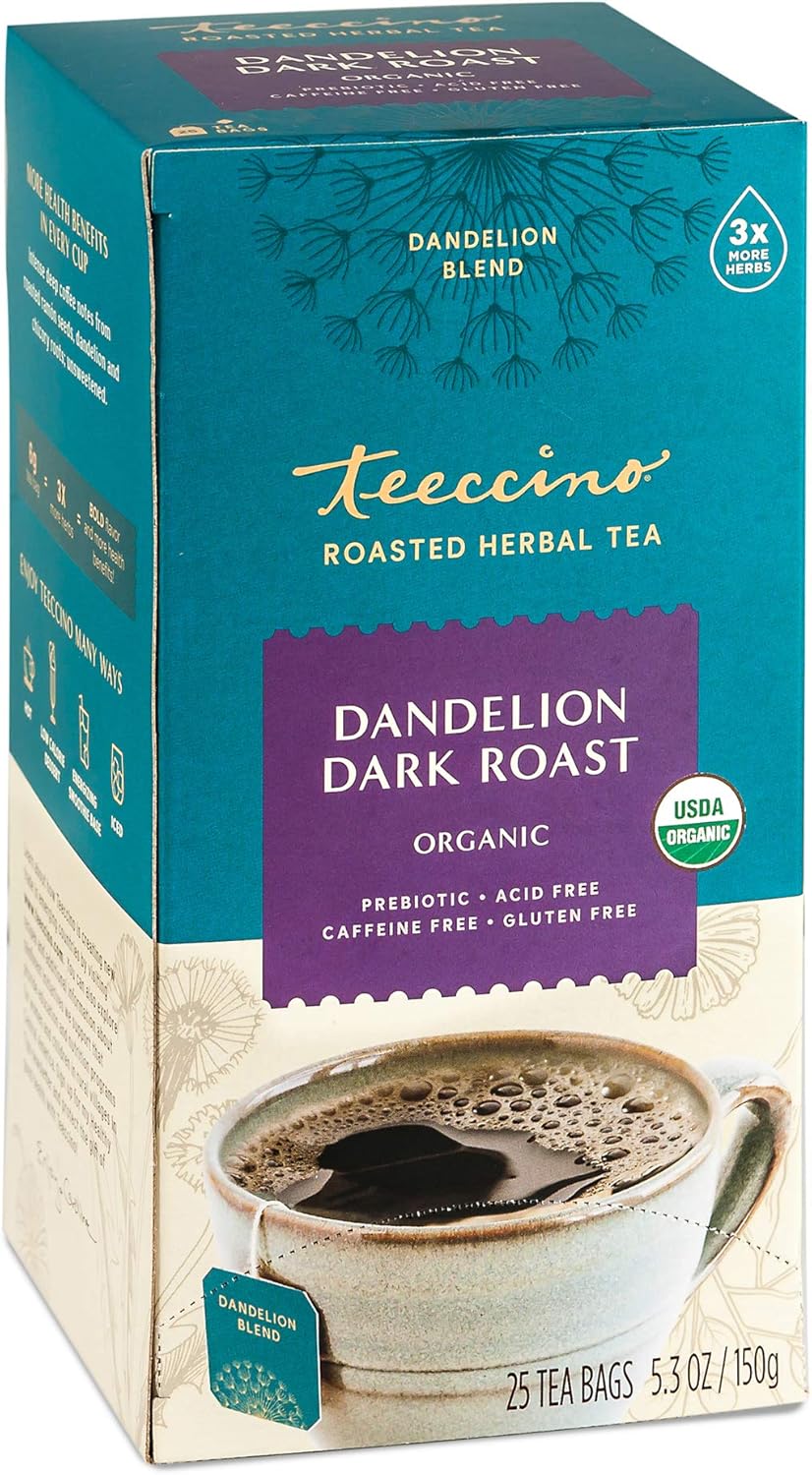 Teeccino Dandelion Herbal Tea - Dark Roast - 25 Tea Bags, Caffeine-Free, Roasted Herbal Tea with Prebiotics, 3x More Herbs than Regular Tea Bags, Gluten Free