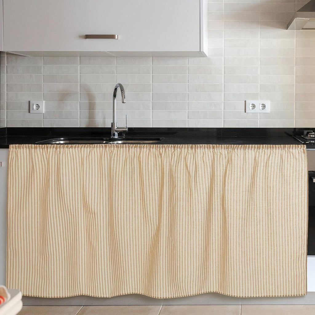 VitalCozy Cabinet Curtains 28" W x 51" L Sink Skirt for Bathroom Kitchen Office Desk Brown Stripes Cabinet Curtains for Classroom Office Home Drape Under Desk Privacy Drape for Laundry Room
