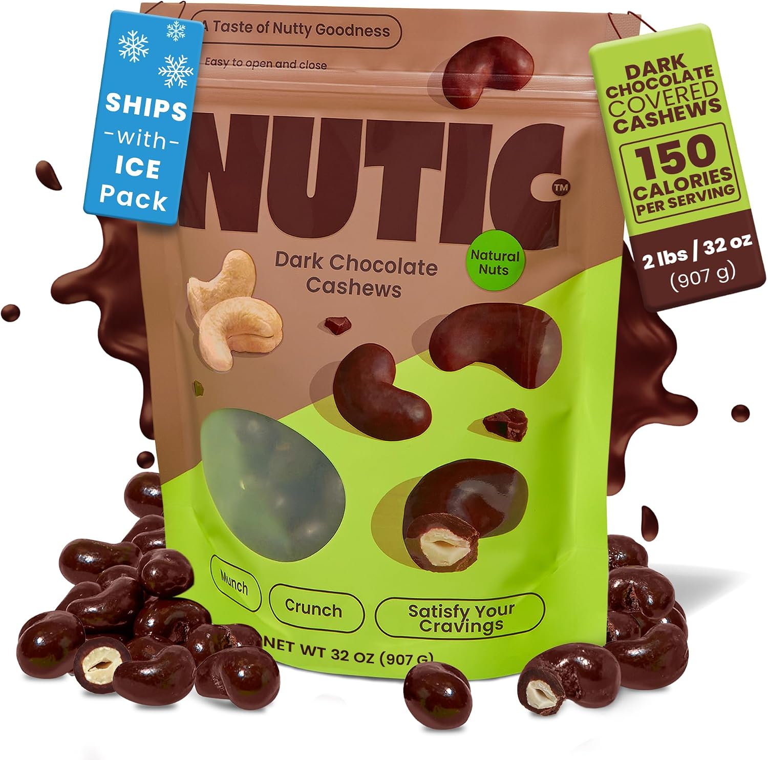 Nutic Dark Chocolate Covered Cashews - 2 Lb, Irresistibly Rich Dark Chocolate Coating, Perfect Holiday Treats & Snacks, Made in the USA - (Pack of 1)