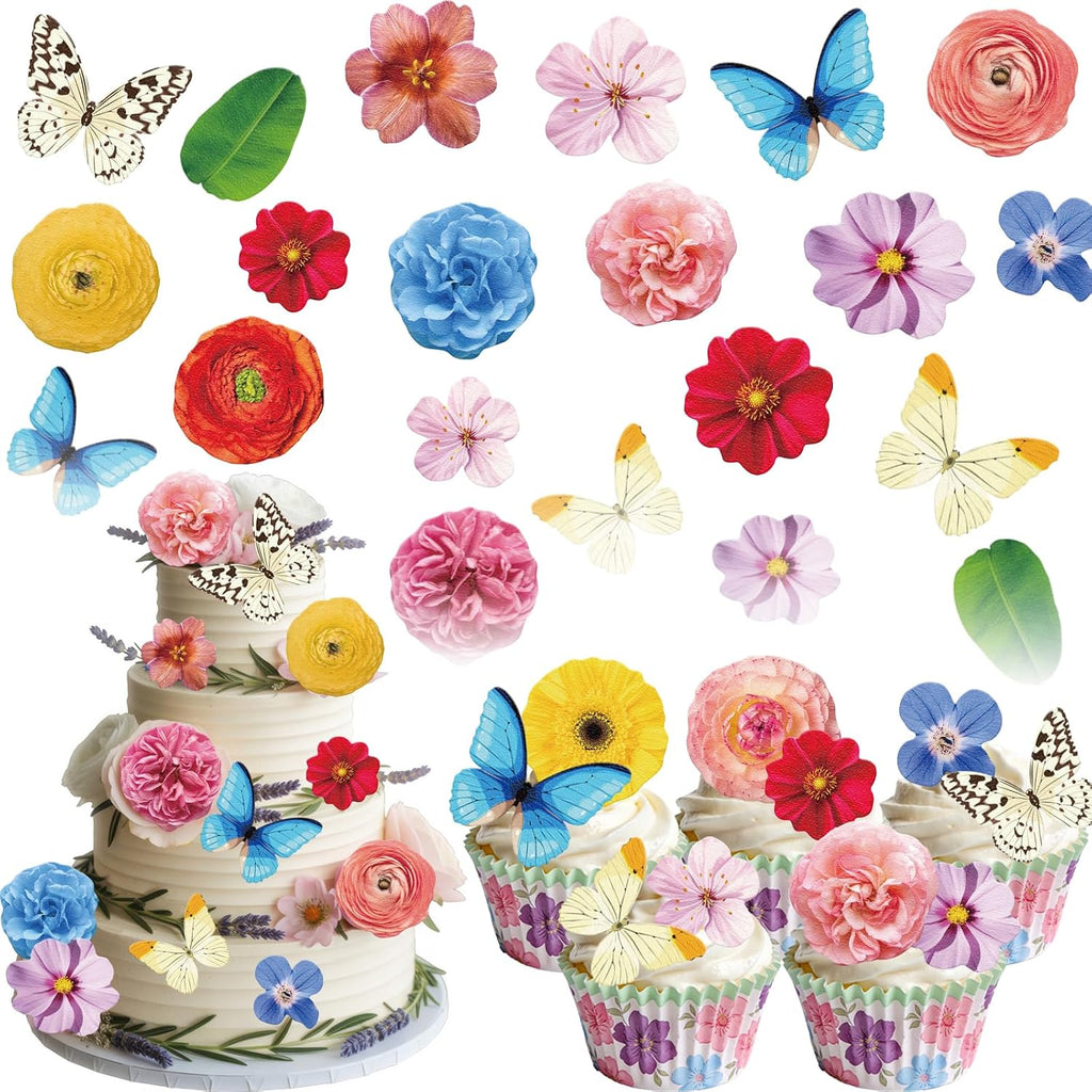 108PCS Edible Flower Cupcake Toppers Wafer Paper Butterfly Floral Baby Shower Cake Decorations Edible Spring Flower Cupcake Toppers for Floral Theme Birthday Party Decoration