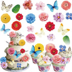 108PCS Edible Flower Cupcake Toppers Wafer Paper Butterfly Floral Baby Shower Cake Decorations Edible Spring Flower Cupcake Toppers for Floral Theme Birthday Party Decoration