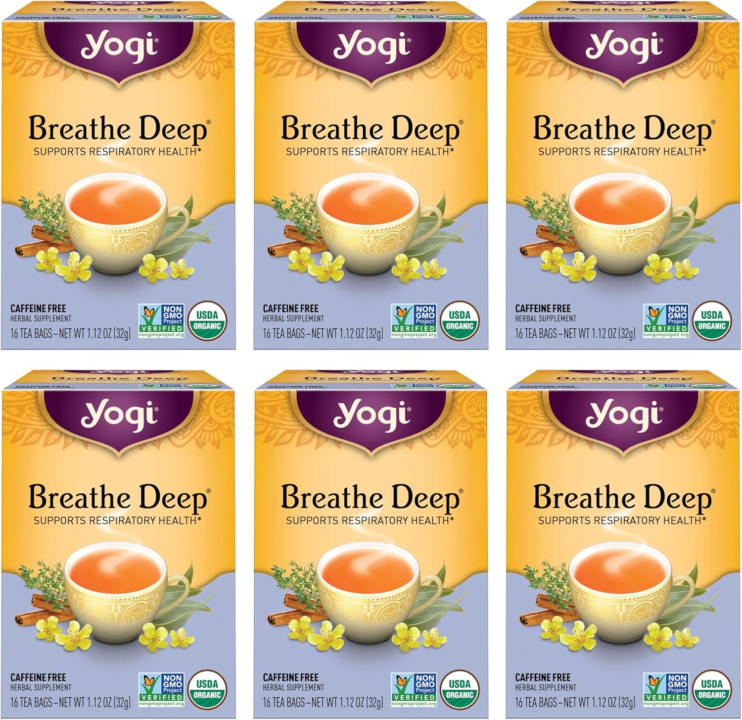 Yogi Tea Breathe Deep Tea - 16 Tea Bags per Pack (6 Packs) - Organic Respiratory Tea - Supports Respiratory Health - Includes Licorice Root, Eucalyptus Leaf, Ginger Root & Cinnamon Bark