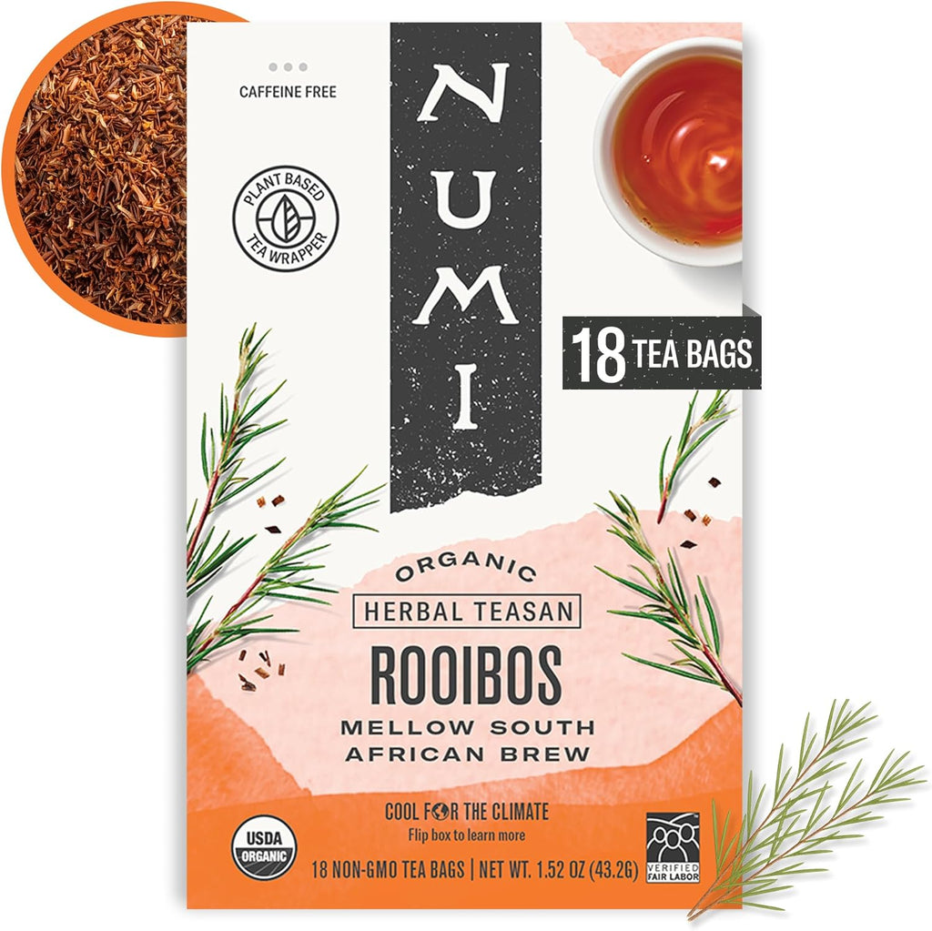 Numi Organic Rooibos Tea, 18 Herbal Tea Bags, Microplastic Free, Packed with Antioxidants, Great for Evening Relaxation