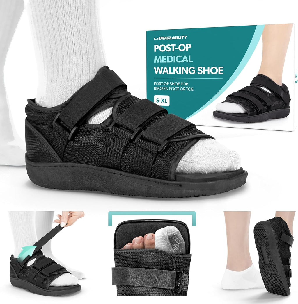 BraceAbility Post Op Shoe Foot Brace - Adjustable Orthopedic Medical Walking Boot for Broken Toe, Stress Fracture Injuries, Universal Cast Shoe for Men or Women After Foot Surgery Recovery (M - Male)
