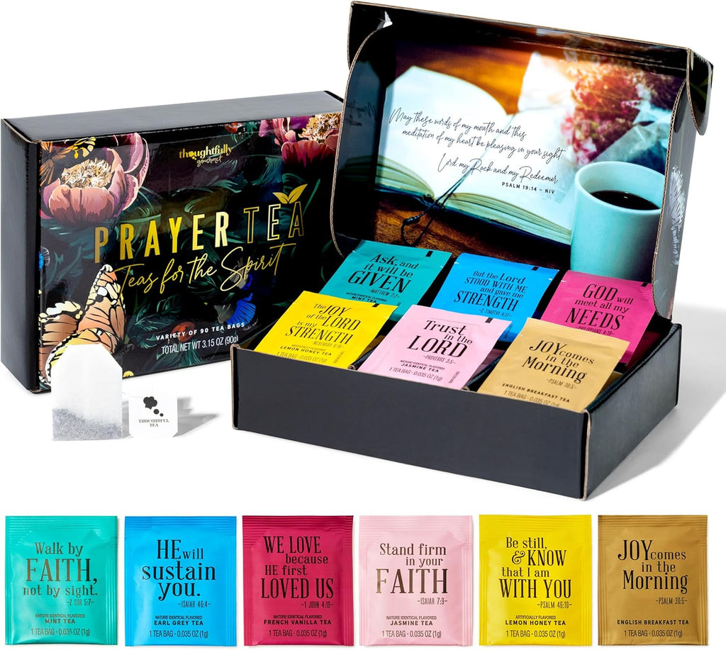 Thoughtfully Gourmet, Tea Affirmations Christian Prayer Gift Set, Includes 6 Flavors of Tea with Bible Verses from Psalms and Other Books to Rejoice, Pack of 90
