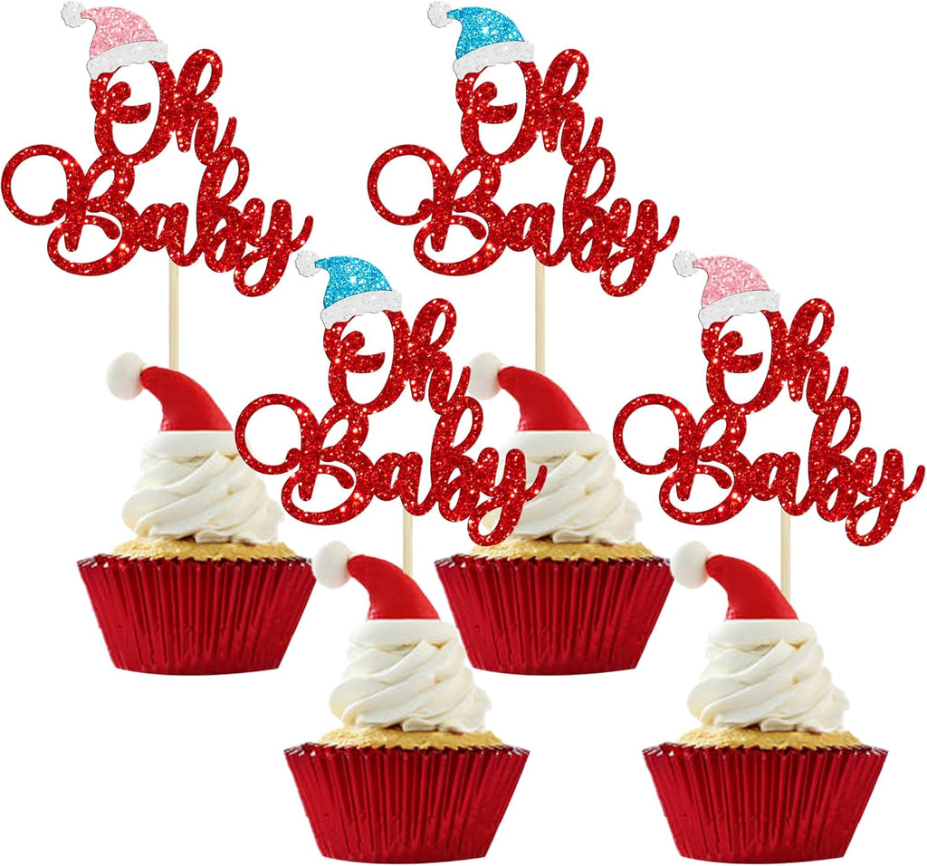 Gyufise 24Pcs Christmas Oh Baby Cupcake Toppers Blue Pink Hat Red Glitter Santa Oh Baby Cupcake Picks Decorations for Winter Christmas Theme Birthday Party Supplies