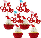 Gyufise 24Pcs Christmas Oh Baby Cupcake Toppers Blue Pink Hat Red Glitter Santa Oh Baby Cupcake Picks Decorations for Winter Christmas Theme Birthday Party Supplies