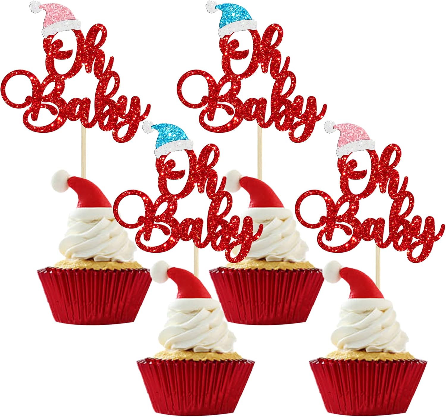 Gyufise 24Pcs Christmas Oh Baby Cupcake Toppers Blue Pink Hat Red Glitter Santa Oh Baby Cupcake Picks Decorations for Winter Christmas Theme Birthday Party Supplies