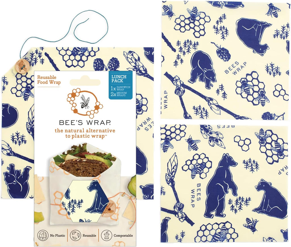 Bee's Wrap Beeswax Wraps for Food - 3 Pack of Assorted Beeswax Wraps - 2 Medium & Sandwich Wrap - Made in USA Reusable Natural Food Wrap - Bees & Bears