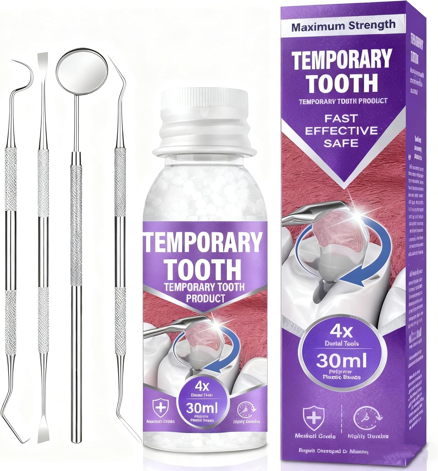 Tooth Repair Kit, Temporary Tooth Filling Kit with 30 Ml & 4 Dental Tool, Fixing Missing & Broken Tooth Replacements for Men and Women, Smile Confidently Again