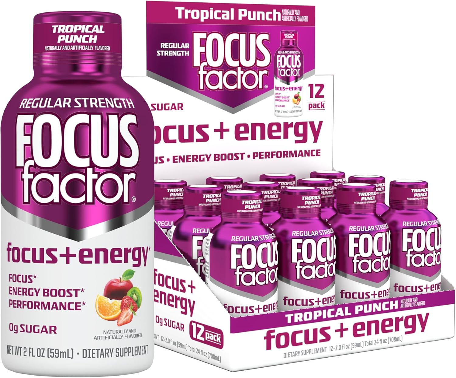 Focus Factor Focus + Energy Shots - 12 x 2oz Bottles (Tropical Punch Flavor) - Powered by Nootropics with Caffeine, L-Theanine, Ginkgo, Bacopa, L-Tyrosine, Alpha GPC