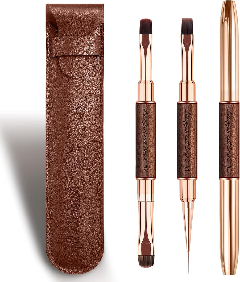 Nail Brushes Set for Builder Gel & Polygel, 2-Pack Double-Ended with Wooden Handles & Pouch (Round + Square, French tip + Liner)