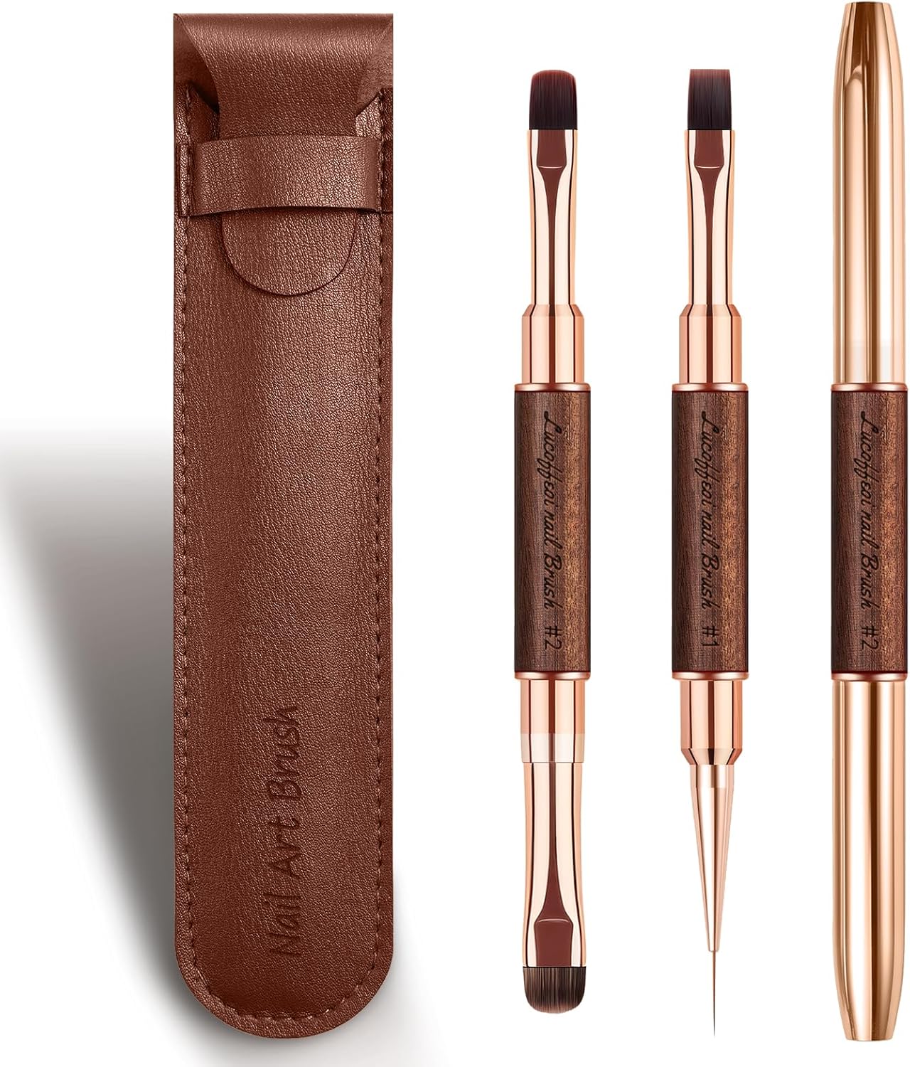 Nail Brushes Set for Builder Gel & Polygel, 2-Pack Double-Ended with Wooden Handles & Pouch (Round + Square, French tip + Liner)
