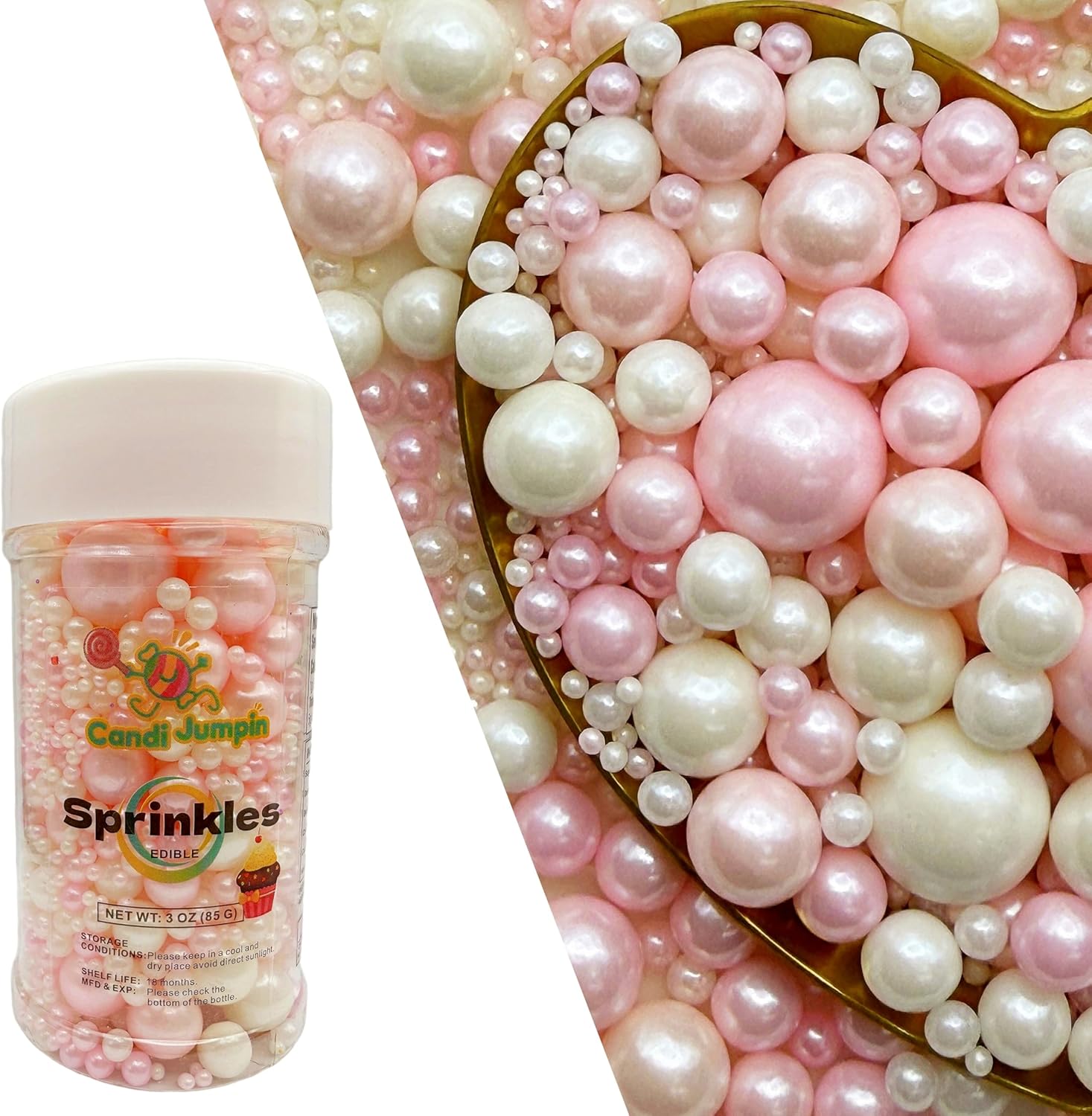 CandiJumpin Edible Pearls for Cake Decorating, Pink and White Pearl Sprinkles Baby Pink Sugar Pearls Edible Cake Decorations White Pearl Sugar Sprinkles Cupcake Toppers Valentines Baby Shower Party Birthday Wedding Christmas Supplies 3 OZ