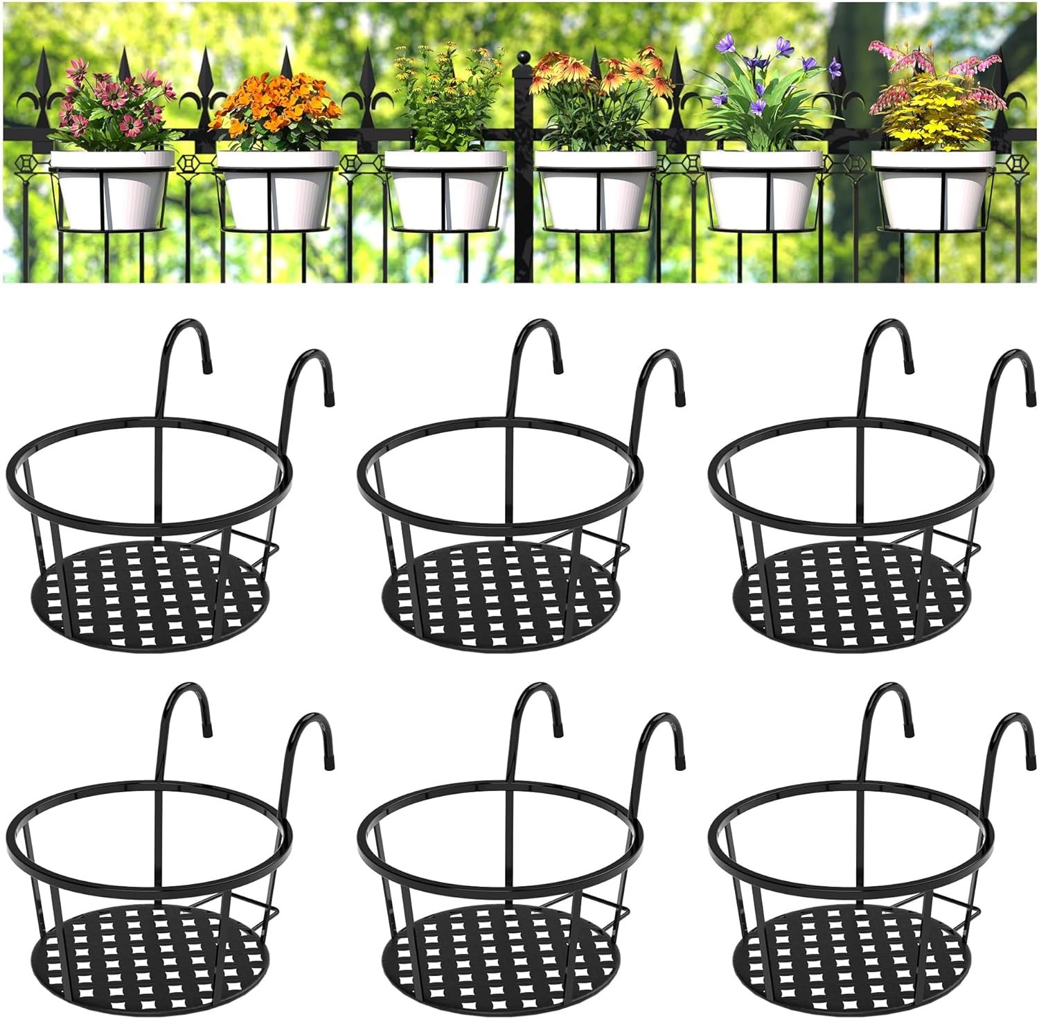 CADANI Iron Hanging Plant Holder Over The Rail Metal Fence Planters, Hanging Bucket Flower Pot Holder for Patio Balcony Outdoor Plants - Pack of 6 (Black)