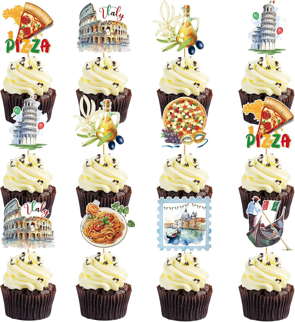 Italian Theme Party Decorations - 40 Pcs Italy Pizza Birthday Cupcake Toppers Picks, Rome Colosseum Spaghetti Cup Cake Topper, Buon Comleanno Summer Party Supplies Photo Background Decor
