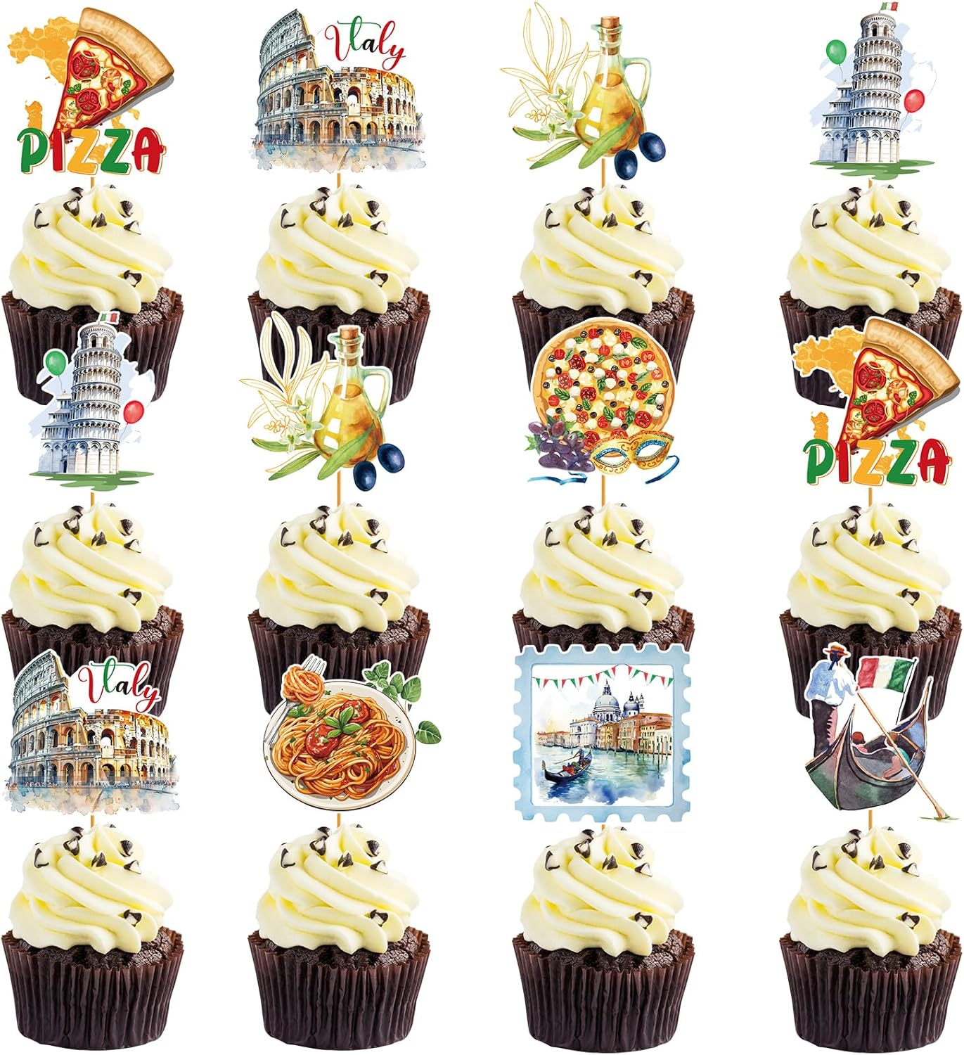 Italian Theme Party Decorations - 40 Pcs Italy Pizza Birthday Cupcake Toppers Picks, Rome Colosseum Spaghetti Cup Cake Topper, Buon Comleanno Summer Party Supplies Photo Background Decor