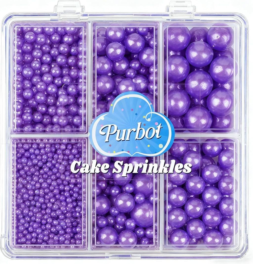 Purple Pearl Sprinkles for Cake Decorating, 4 Sizes Sugar 130g/4.6oz, Cupcake, Ice Cream, Donuts, Macaron Toppings Supplies (2mm, 4mm, 7mm, 1cm)