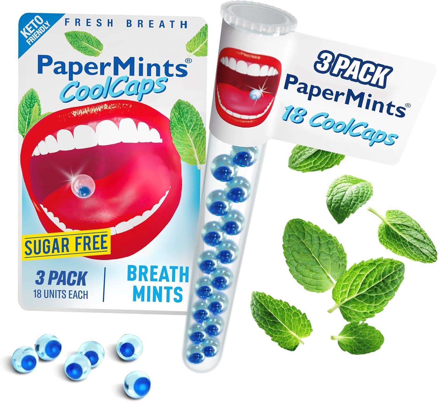 PaperMints CoolCaps - Instant Fresh Breath Mints Sugar-Free, 3 x Tubes of 18 capsules. Extreme Bad Breath Treatment for Adults