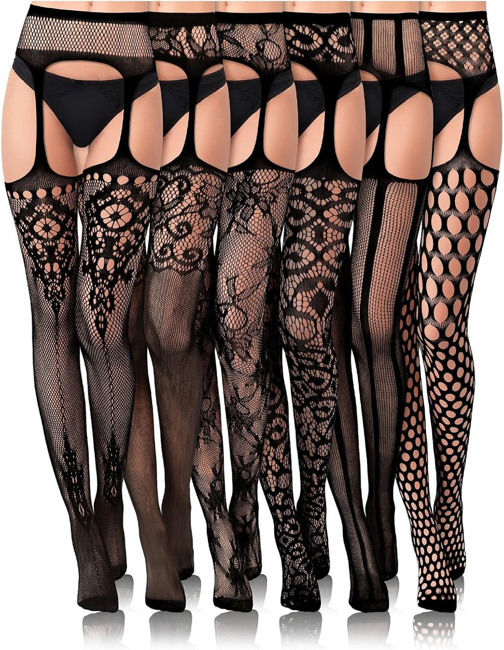 6 Packs Women Fishnet Bodysuits Mesh BodyStocking Fishnet Lingerie Long Sleeve Bodysuits One Piece Jumpsuit, Black