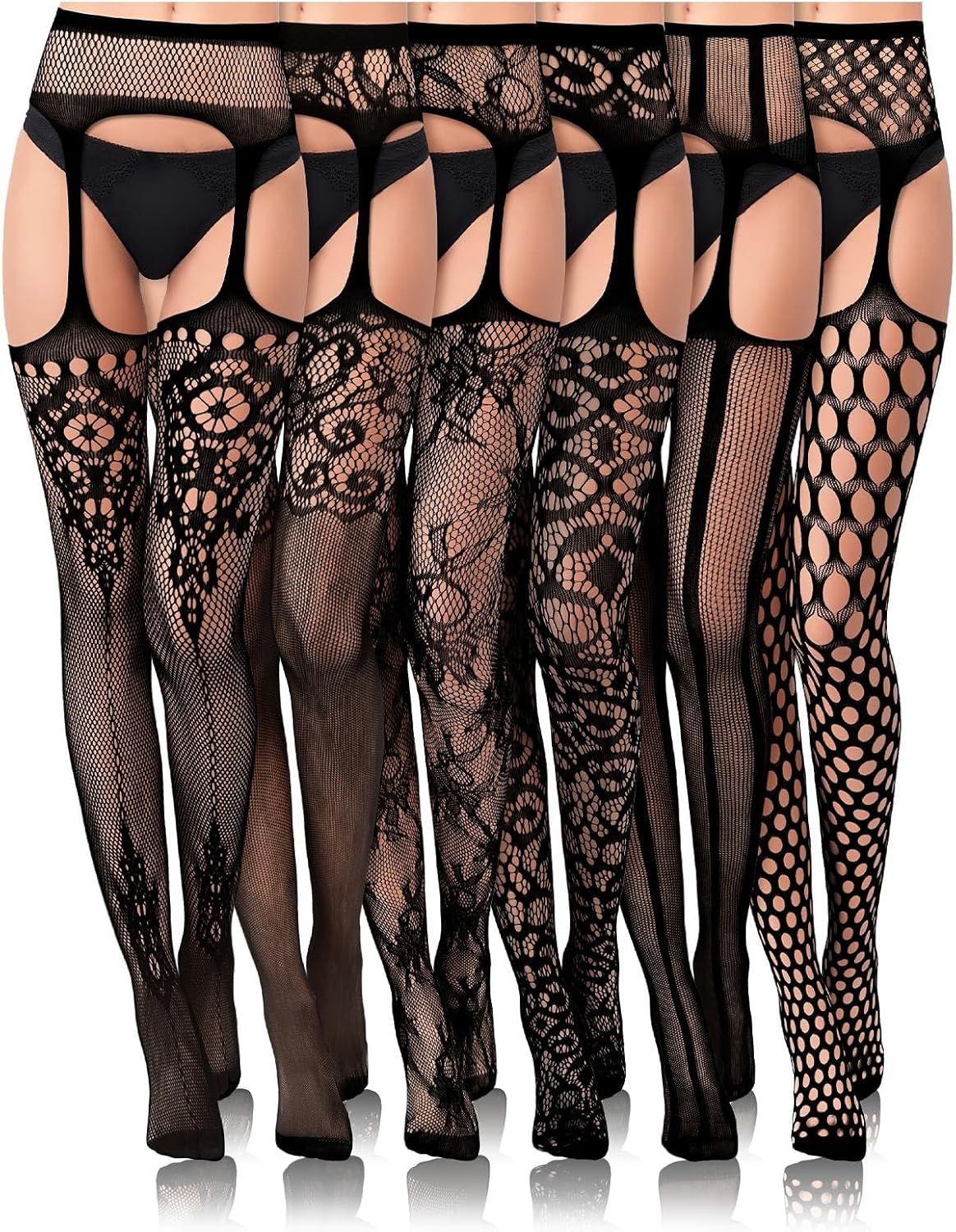 6 Packs Women Fishnet Bodysuits Mesh BodyStocking Fishnet Lingerie Long Sleeve Bodysuits One Piece Jumpsuit, Black