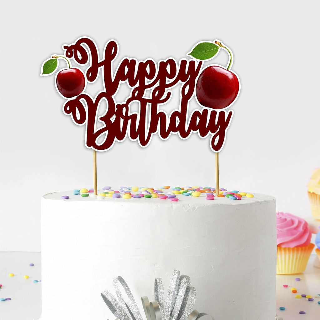 "Cherry Happy Birthday Cake Topper – Cute Fruit-Themed Birthday Party Decoration for Adults – Red Cherry Cake Topper for Dessert Tables, Smash Cakes, High Chairs, and Themed Birthday Celebrations"