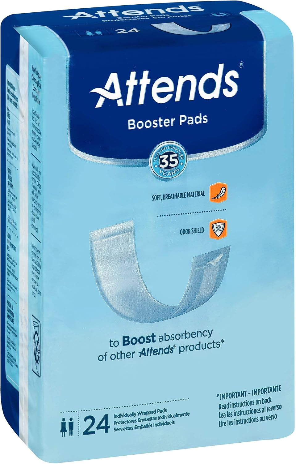 Attends Booster Pads for Adult Incontinence Designed to Boost Absorbency of Other Attends Products, Unisex, one Size, 3.5"x11", 24 Count (Pack of 8)