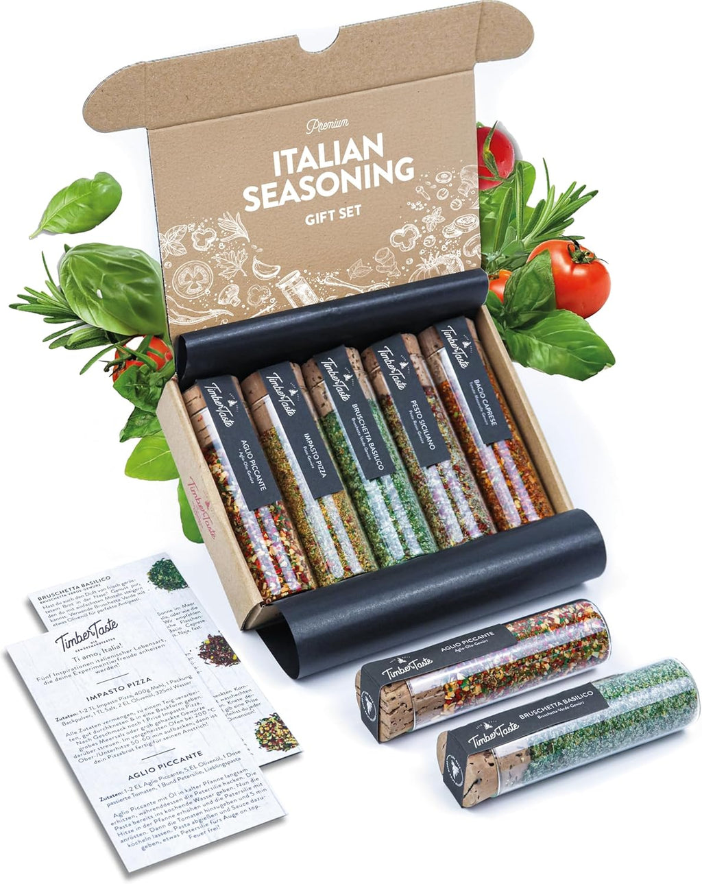 TIMBER TASTE® Italian Spice Gift Set for Women - 5 Gourmet Italian Seasoning Blends from Italy | Artisan Basket for Her | Pasta & Pizza Cooking Set | Mediterranean Flavors | Foodie Present for Women