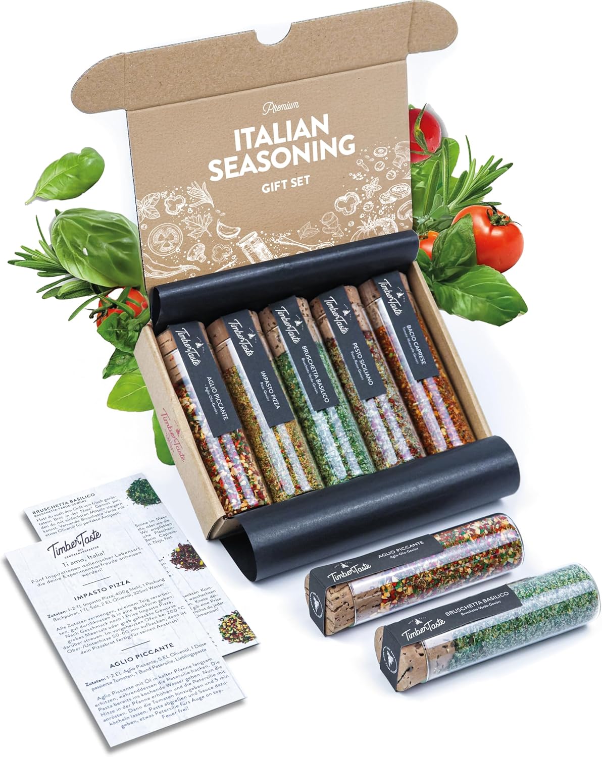 TIMBER TASTE® Italian Spice Gift Set for Women - 5 Gourmet Italian Seasoning Blends from Italy | Artisan Basket for Her | Pasta & Pizza Cooking Set | Mediterranean Flavors | Foodie Present for Women
