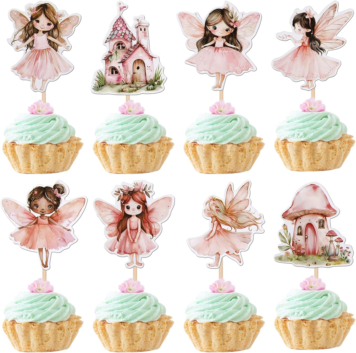 40 PCS Fairy Cupcake Toppers Flower Wing Angel Fairy Cupcake Picks Ballet Dancer Fairies Party Cupcake Decoration for Wonderland Garden Elves Theme Girls Birthday Party Cake Decorations Supplies
