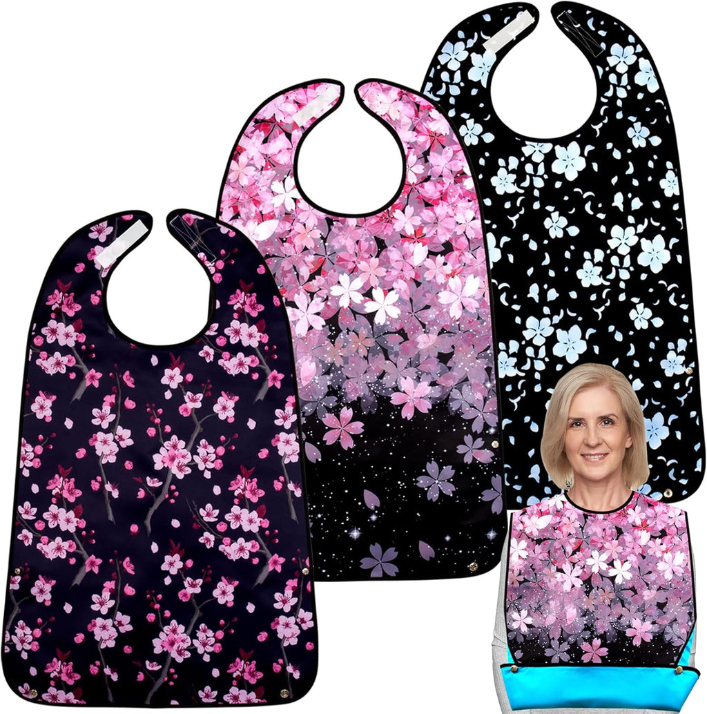 Adult Bibs,3 Packs Cherry Blossom Adult Bibs for Women Eating Washable with Crumb Catcher (Black Pink 3 pack)