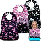Adult Bibs,3 Packs Cherry Blossom Adult Bibs for Women Eating Washable with Crumb Catcher (Black Pink 3 pack)