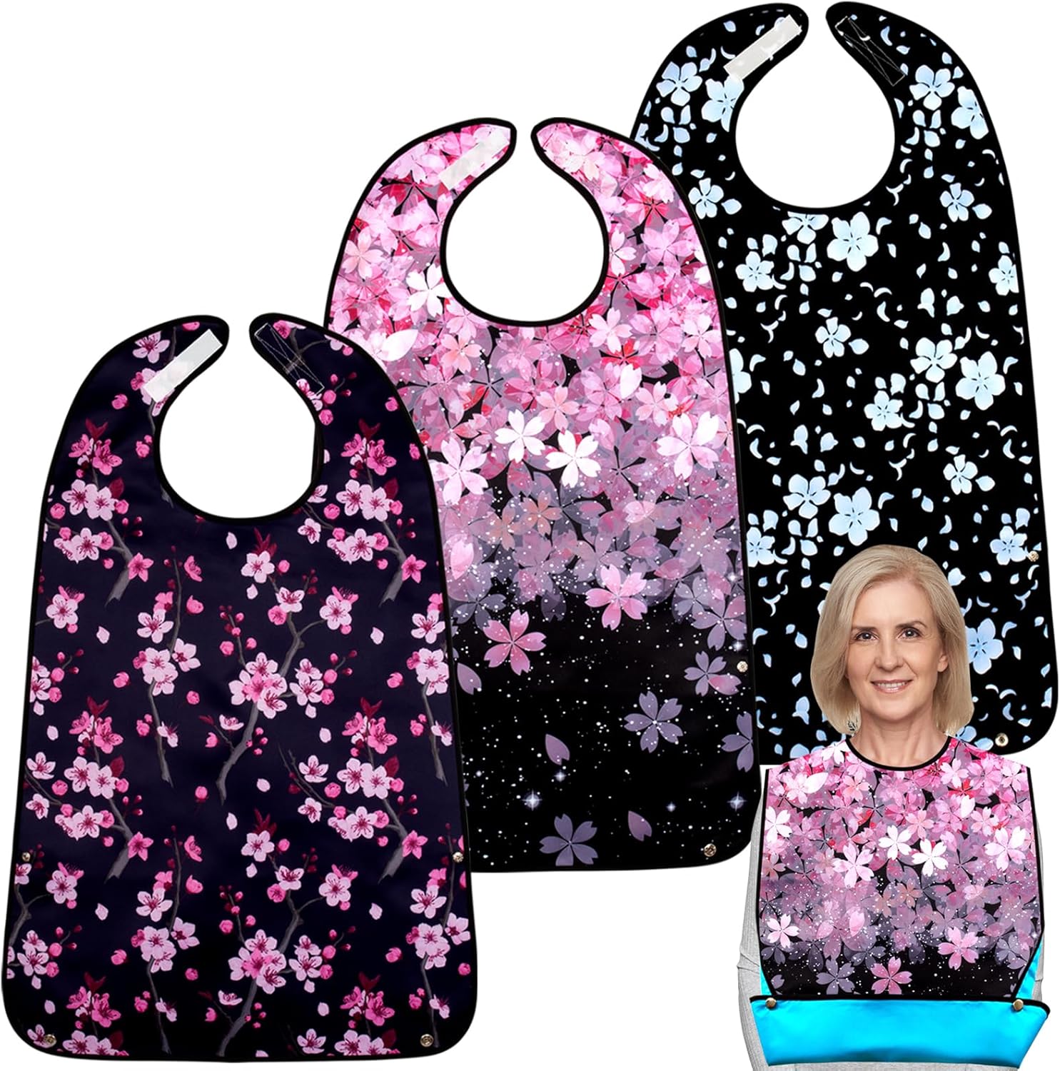 Adult Bibs,3 Packs Cherry Blossom Adult Bibs for Women Eating Washable with Crumb Catcher (Black Pink 3 pack)