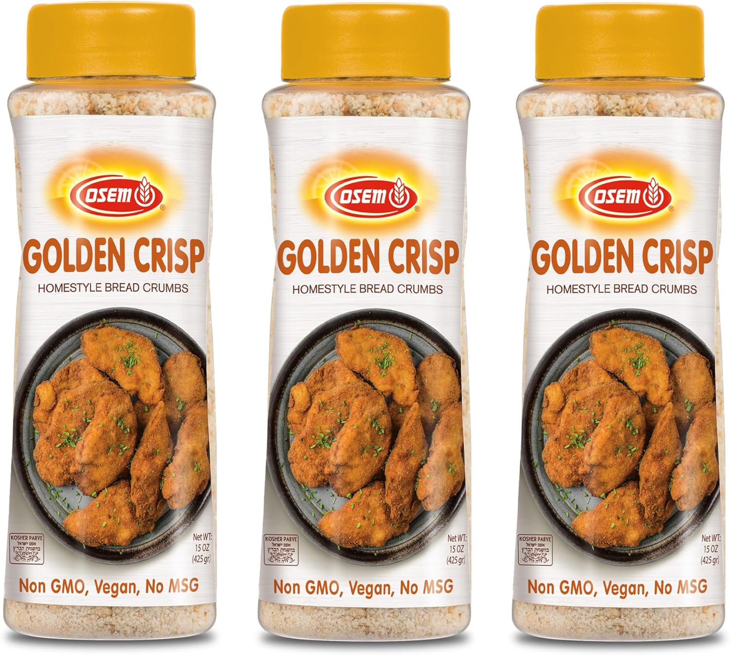 Osem Golden Crisp Bread Crumbs - Plain Bread Crumbs, Wheat Breadcrumbs for Chicken, Baking, Salad, Veggies, Sauce, and More, Vegan Friendly, Kosher - 15 oz (Pack of 3)