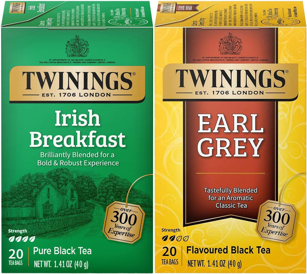 Twinings Tea Variety 2-Pack – Earl Grey + Irish Breakfast, Caffeinated Black Tea Bags, Individually Wrapped, 20 Count Each