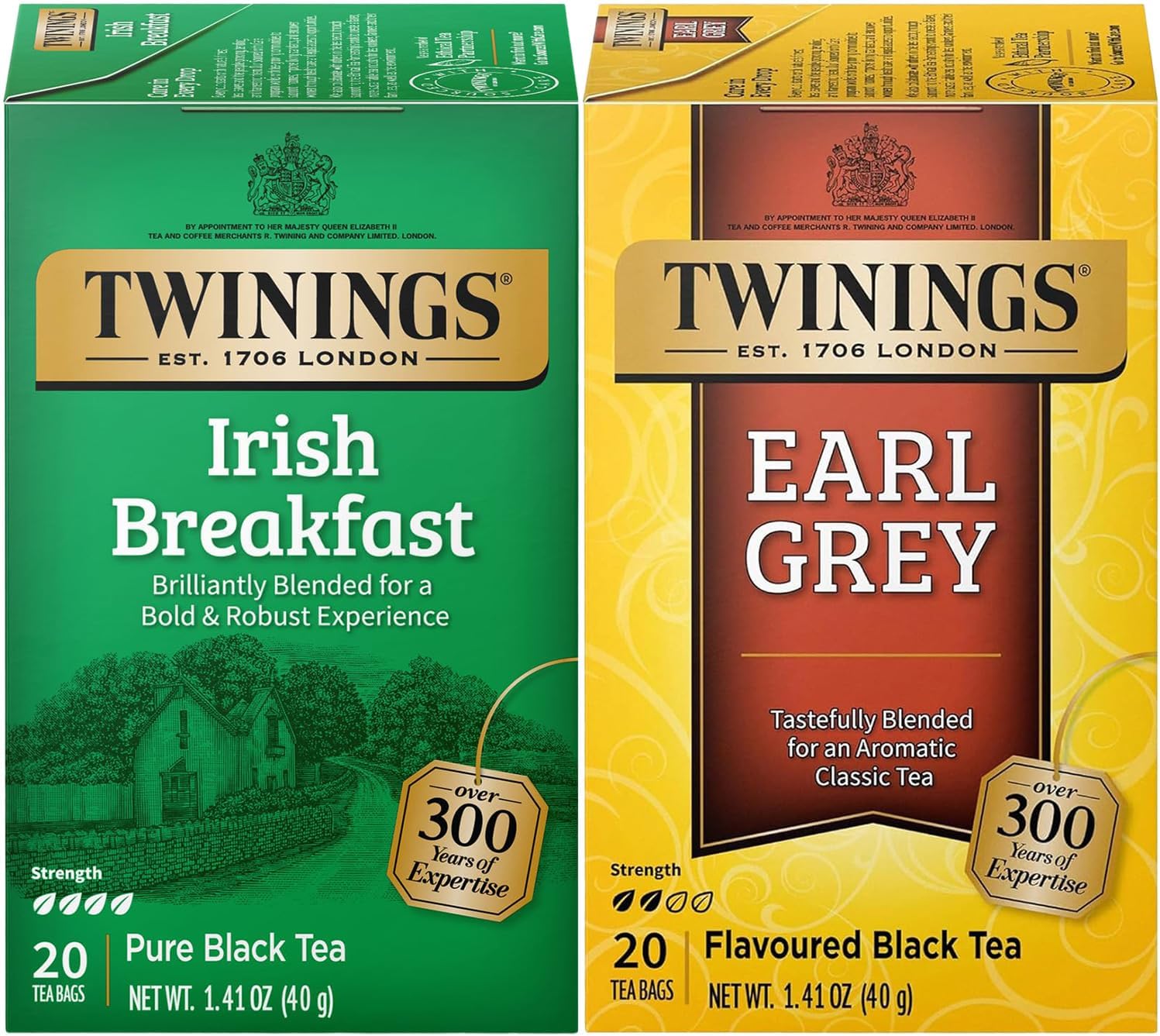 Twinings Tea Variety 2-Pack – Earl Grey + Irish Breakfast, Caffeinated Black Tea Bags, Individually Wrapped, 20 Count Each