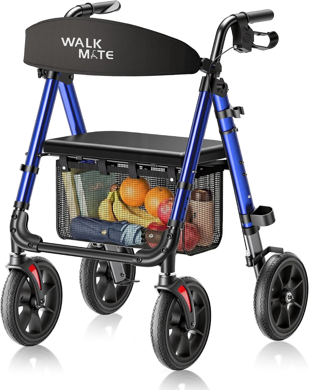 WALK MATE Rollator Walker for Seniors, 10 Inch Big Wheels, Reinforced Aluminum Frame 350lb Weight Capacity, Foldable All Terrain Rolling Walker with Seat, Lightweight Adjustable Height, Blue