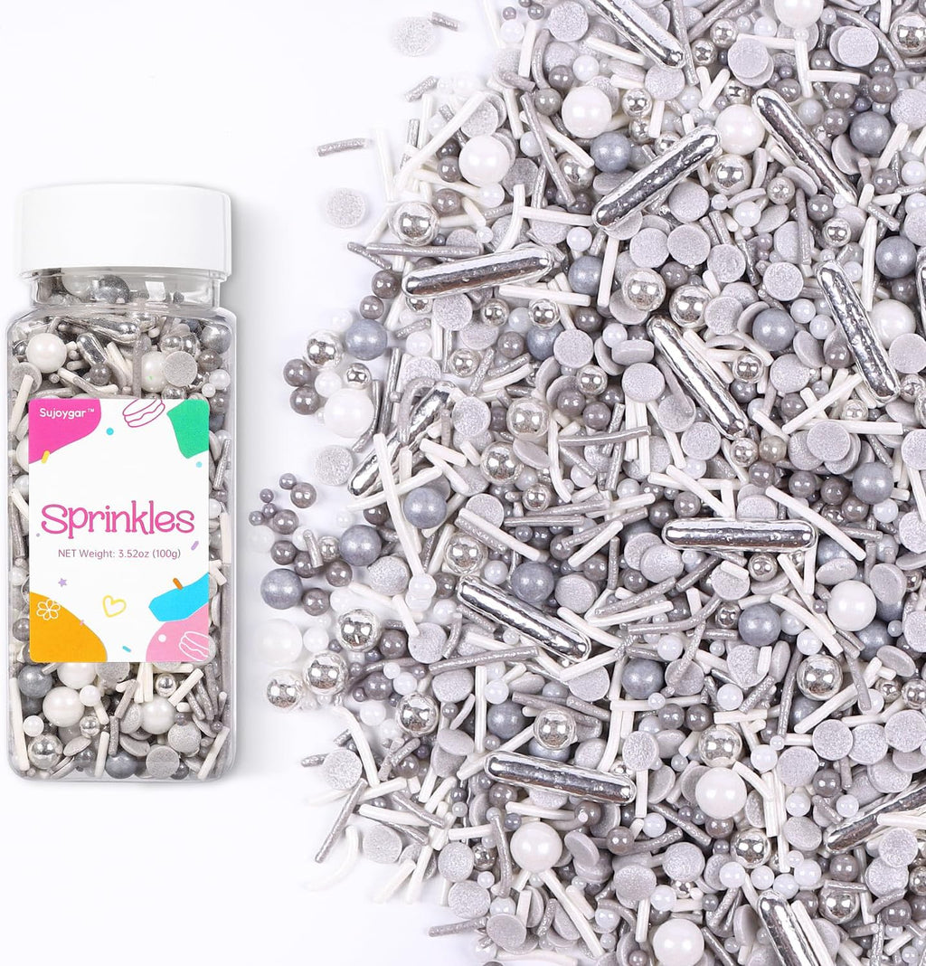 Silver Sprinkles for Cake Decorating, White Silver Sprinkles Mix for Cupcakes Toppers, Ice Cream, Cookie, 3.52oz