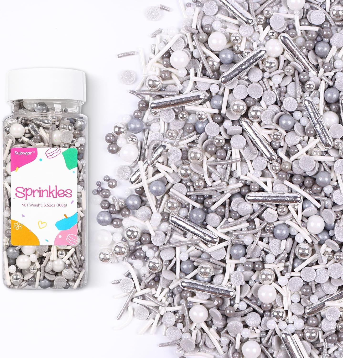 Silver Sprinkles for Cake Decorating, White Silver Sprinkles Mix for Cupcakes Toppers, Ice Cream, Cookie, 3.52oz