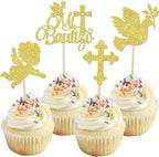 Rsstarxi 24 Pack Spanish Mi Bautizo Cupcake Toppers Golden Glitter Cross Angel Dove Baptism Cupcake Picks for Religious God Bless Baby Shower Birthday Baptism Party Cake Decorations