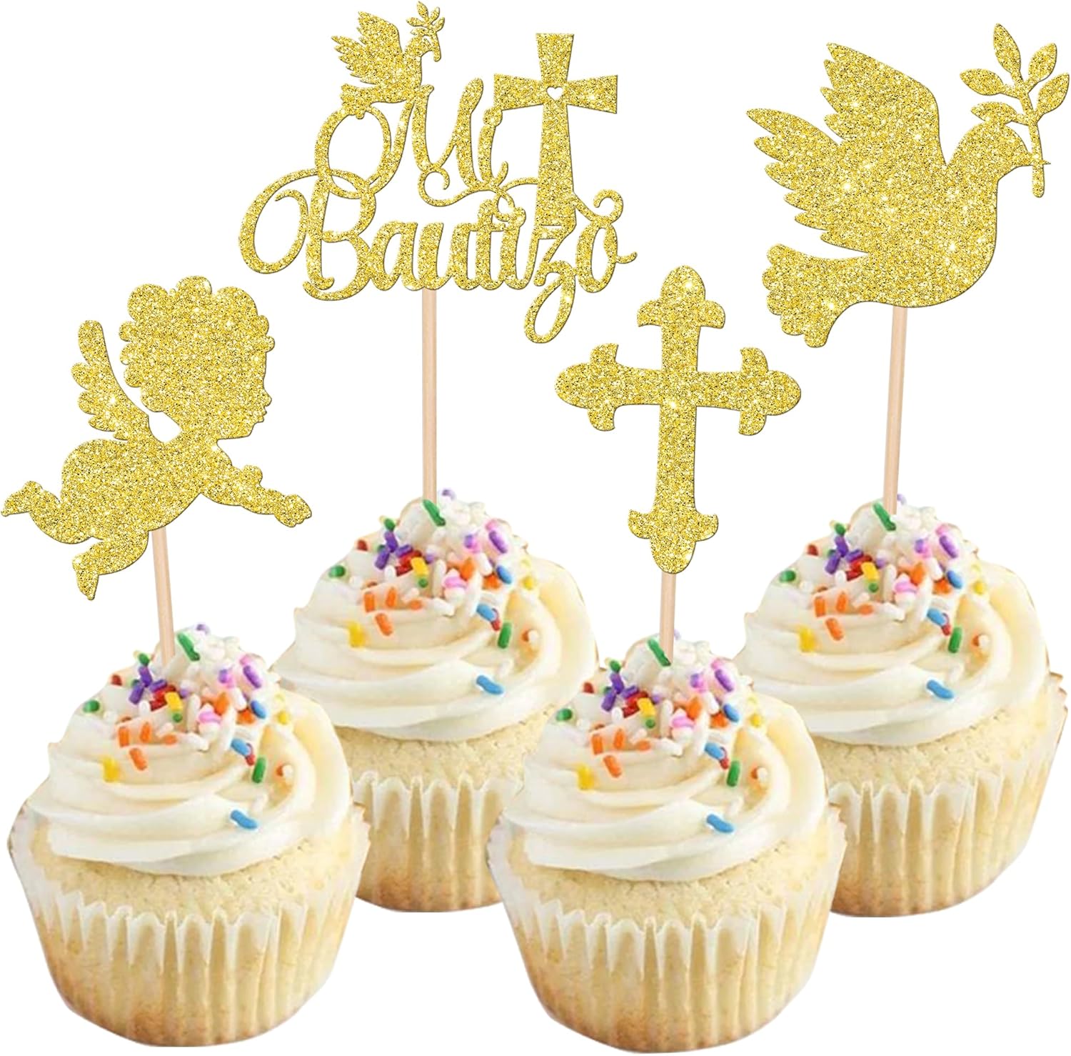 Rsstarxi 24 Pack Spanish Mi Bautizo Cupcake Toppers Golden Glitter Cross Angel Dove Baptism Cupcake Picks for Religious God Bless Baby Shower Birthday Baptism Party Cake Decorations