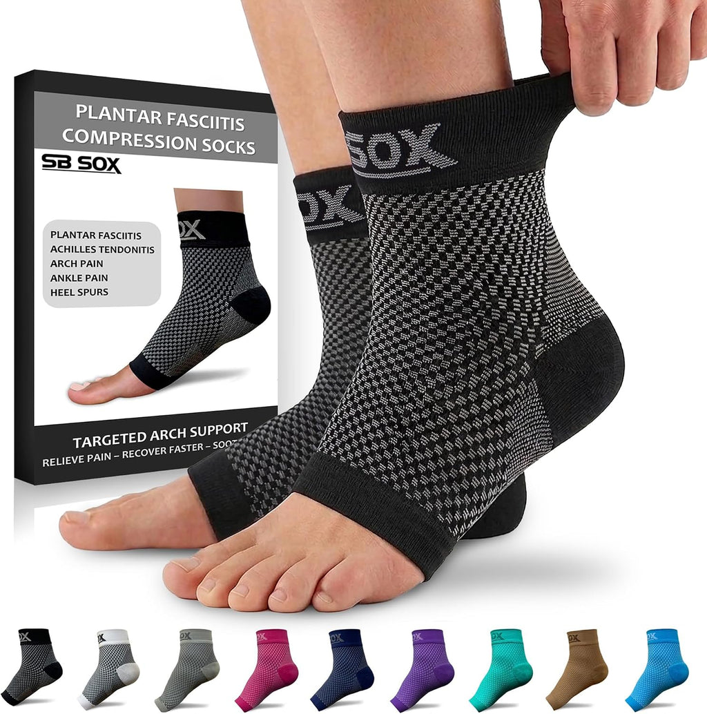 SB SOX Plantar Fasciitis Compression Socks – Arch Support Sleeve for Heel Pain Relief, Achilles Tendonitis & Foot Pain – Toeless Ankle Compression, All-Day Comfort (Black, Large)